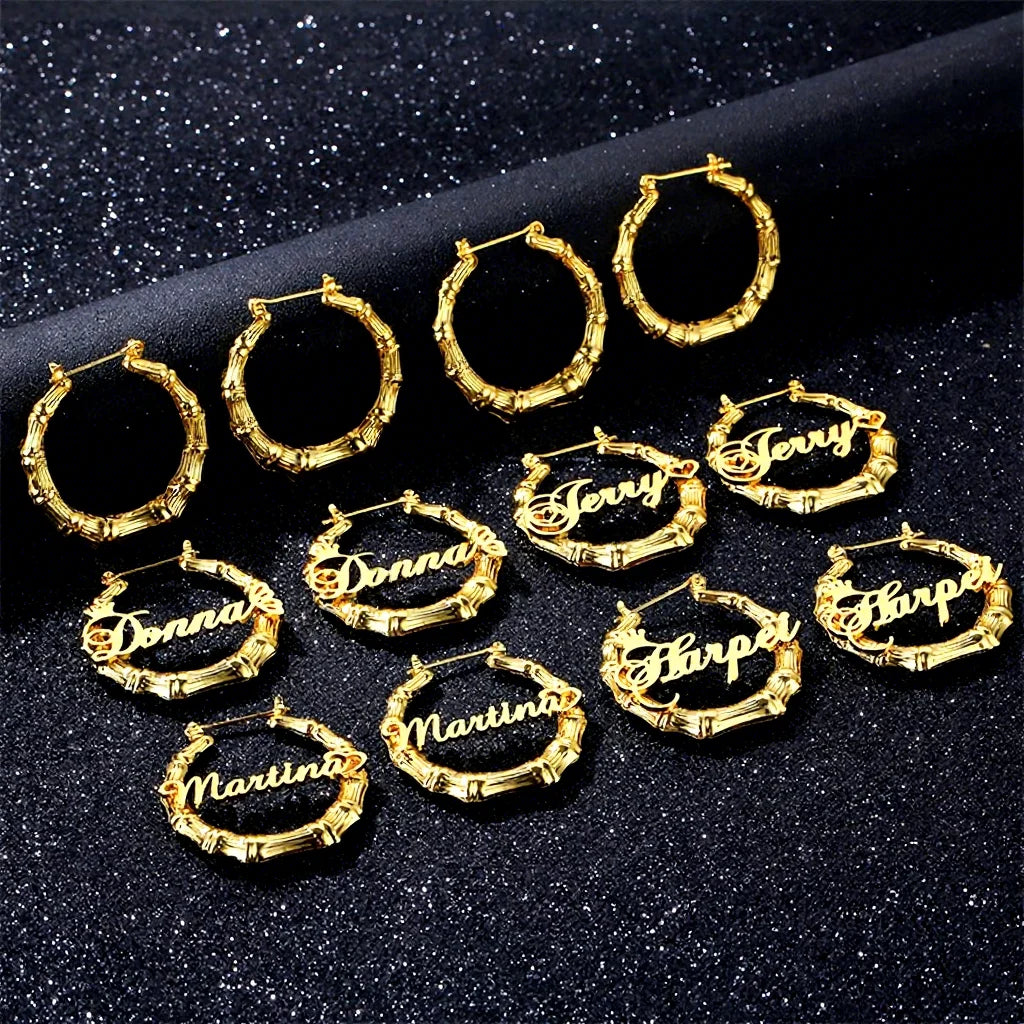 Fashion Earring Jeweley Wholesale Stainless Steel 18K Gold Plated Bamboo Custom Letter Name Big Large Hoop Earrings for Women