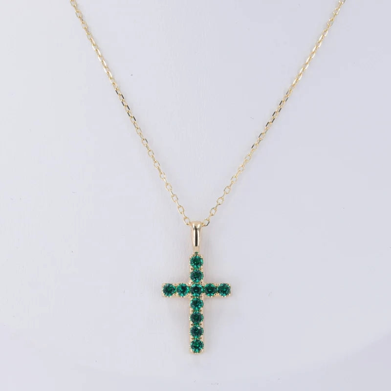 10K Yellow Gold Cross Pendant Necklace with 2mm Colombian Emerald Stone Elegant Chain for Wedding or Party Gift