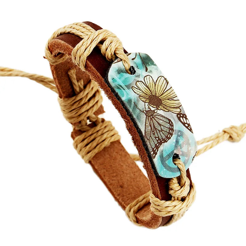 Handmade Woven Leather Cuff Bracelet Fashion Charm Jewelry with Butterfly Design for Friendship