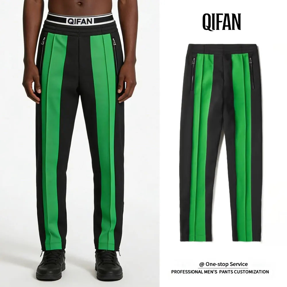 Custom Black and Bright Green Patchwork Straight Leg Pleated Panel Track Pants for Men