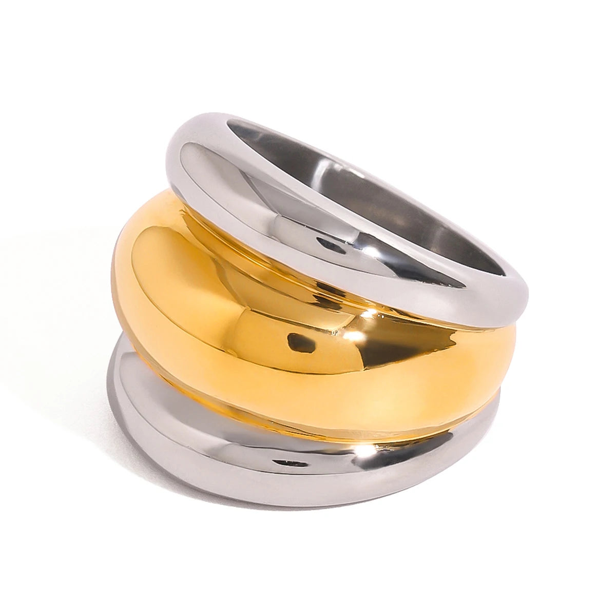 N&S Modern Style 18K Gold Stainless Steel Ribbed Ring 18K Gold-Silver Mixed Color Chunky Triple Layer Size 7 for Engagement Gift