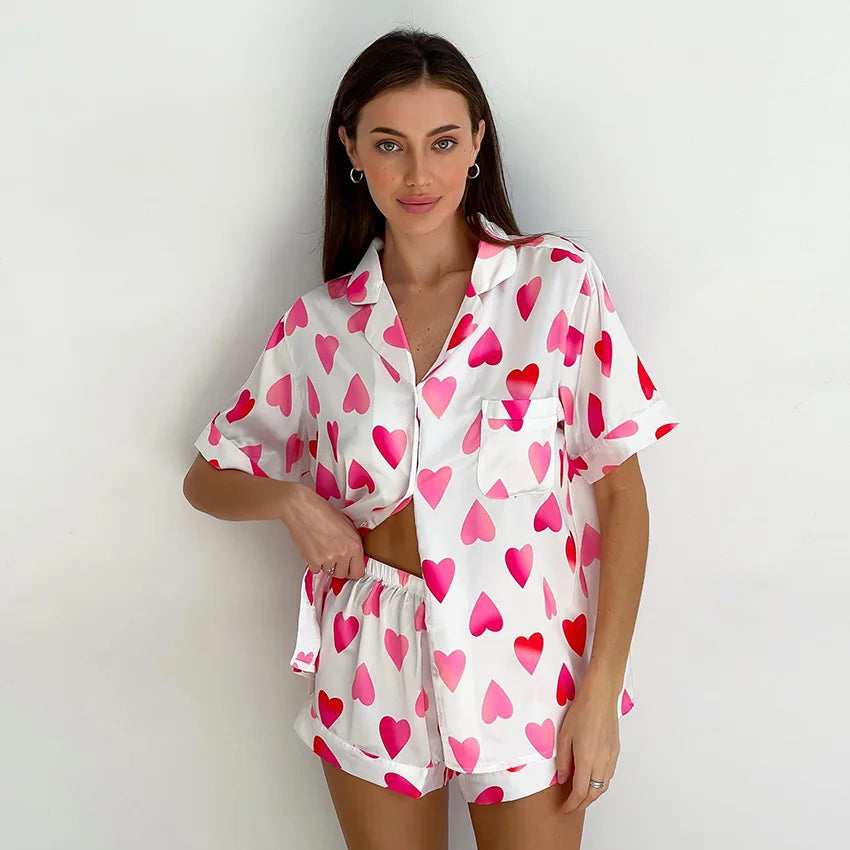 Women Short Sleeve and Shorts Silk Satin Pajamas Set Fashion Pink Heart Print Loose Sleepwear Set