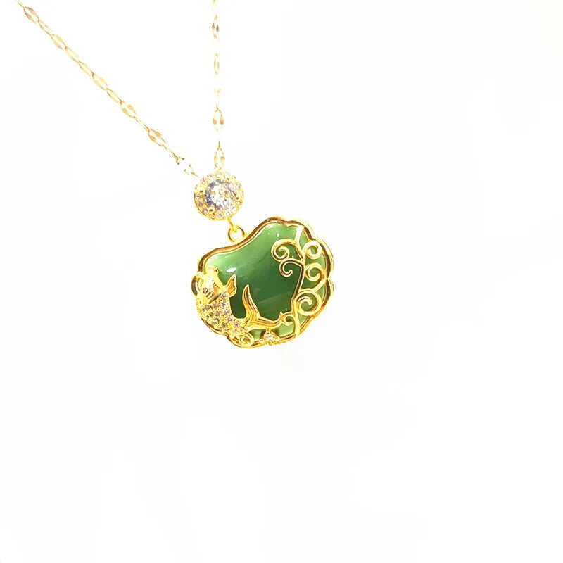 18K Gold Necklace Dainty Jewelry Vintage Style Titanium Steel Gold Edge Ornaments Jade Stone Pendant Necklace