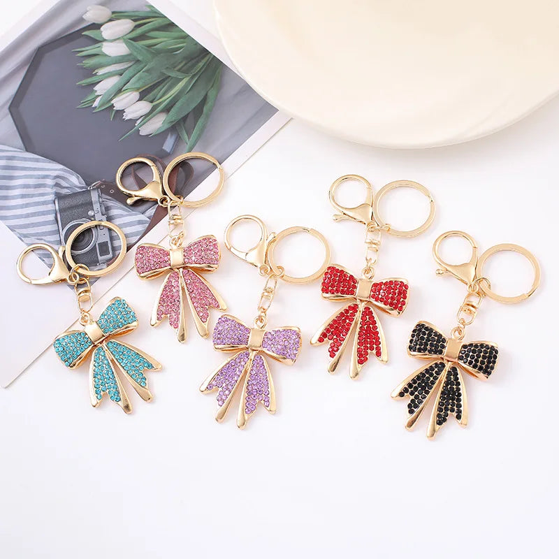 Cute 3D Bling Rhinestone Bowknot Keychain Gold Plated Metal Keychain Shiny Charms Purse Bag Pendants Women