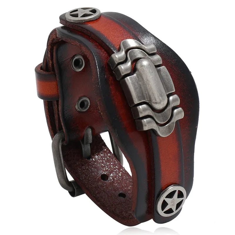 Hot Selling  Real Leather Bracelet Men's Punk Rock Wide Leather Metal Buckle Bracelet Bangle