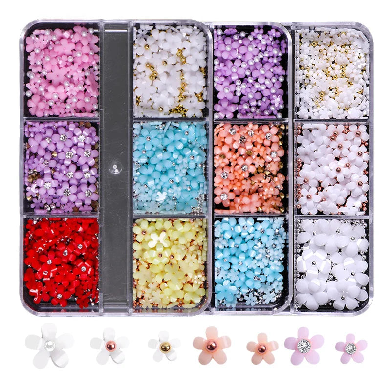2025 Hot Sale Nails Accessories Art 3D Resin Pink White Purple Red Flower Wholesale Nail Decoration Flower With Rhinestone