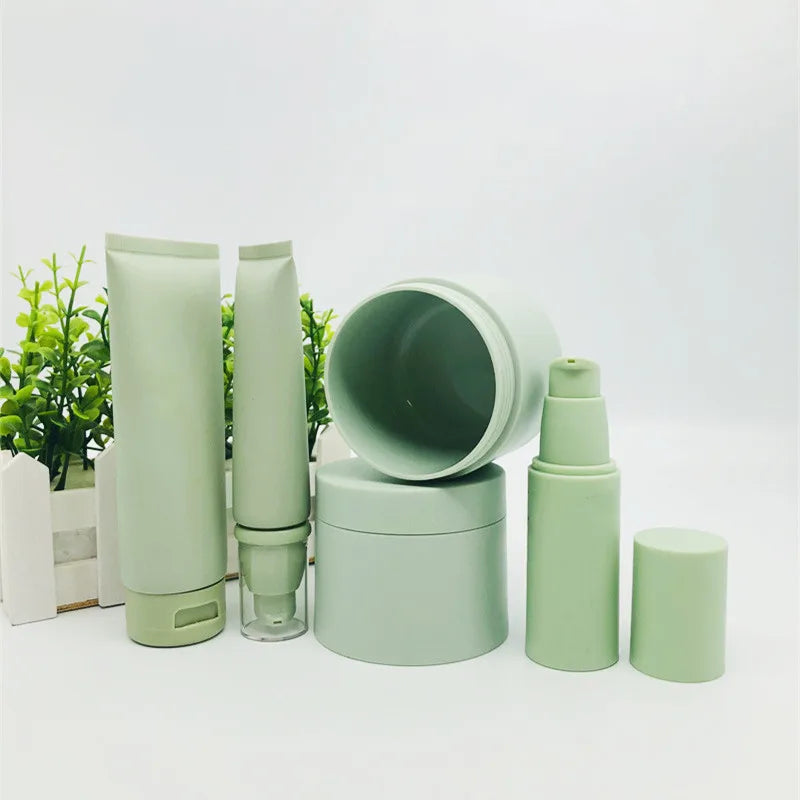 Empty Luxury Matte Green Serum Skin Care Cosmetics Packaging Set Plastic Cream Jar Lotion Airless Pump Bottle for Facial Cream