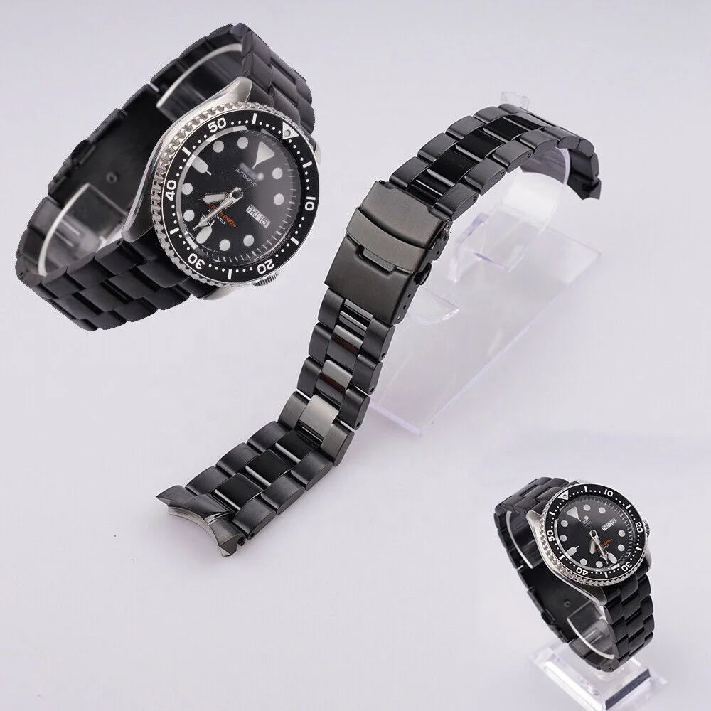 All Black 316L Steel Solid Curved Links Watch Band Bracelet 22mm Luxury Band for Seik SKX 007/009