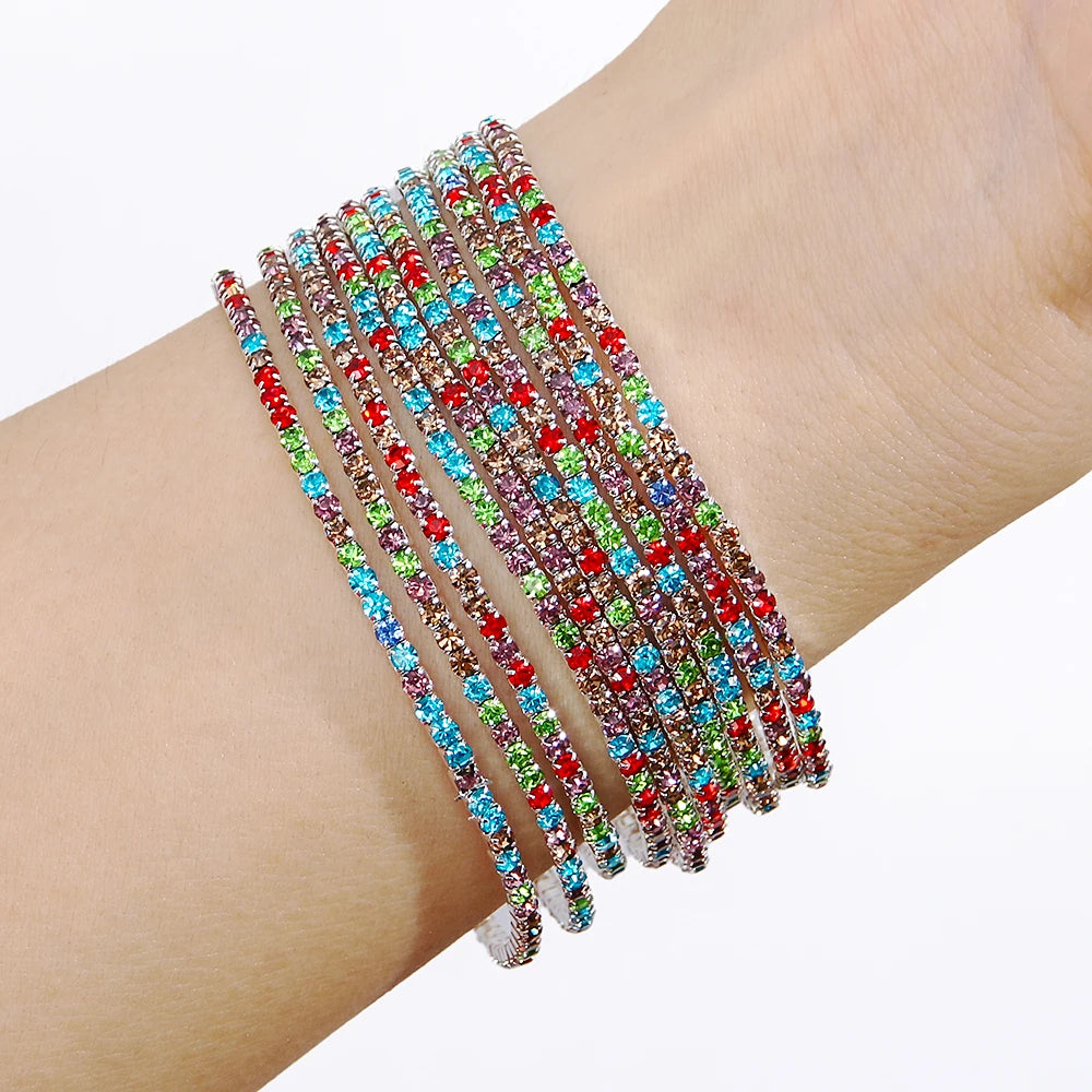 New 10 Pcs/set Women Customs Elastic Multi-colors Cup Chain Rhinestone Bracelet Stretch Tennis Chain Crystal Bracelet Bangle