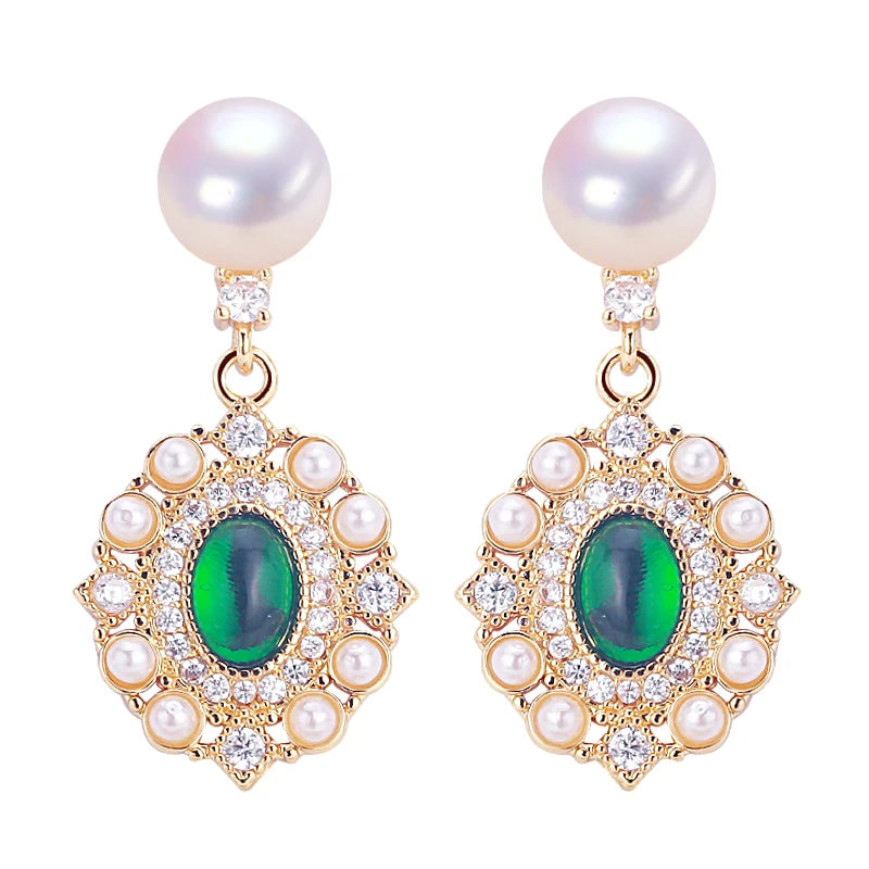 Women's Natural Freshwater Stud Pearl Earrings 18K Gold-Plated  Retro Style S925 Silver Needle