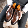 Mens Business Dress Leather Shoes British Leather Grain Pointed Tip Breathable Lace up High End Handmade Casual Mens Shoes