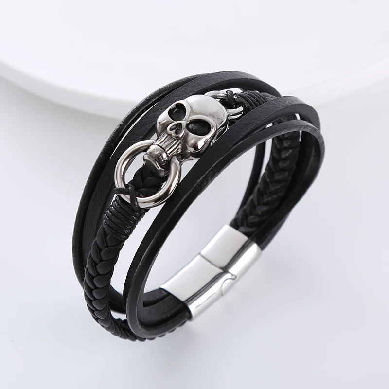 Wholesale Biker Jewelry Punk Vintage Stainless Steel Mens Skull Leather Bracelet