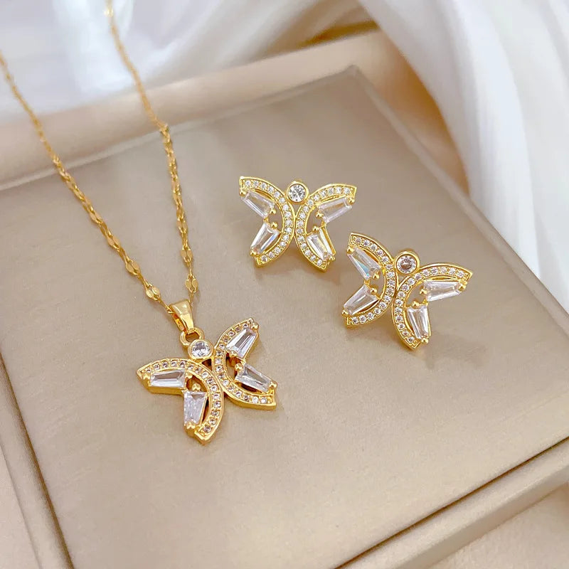 Shining Clear Crystal Diamond Bowknot Necklace Earrings Set Delicate Sparkling Cubic Zirconia Wedding Bridal Jewelry Set