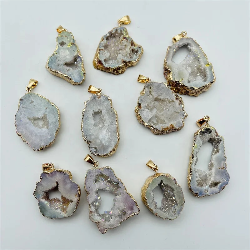Wholesale Natural Crystal Agate Geode Slice Gold Plated Pendant