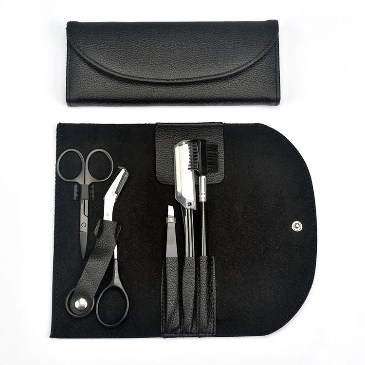 FOCSTAR New 5pcs Stainless Steel Eyebrow Razor Set BT9018S Pencil Razor Scissors Brow Trimmer Brush Comb Grooming Kit Slanted