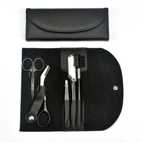 FOCSTAR New 5pcs Stainless Steel Eyebrow Razor Set BT9018S Pencil Razor Scissors Trimmer Brush Comb Grooming Kit Slanted Black