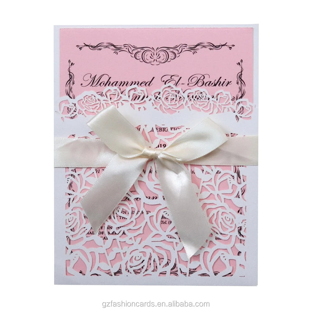 White Invitation Card with Bowknot Laser Cut Invitations Rose Pattern