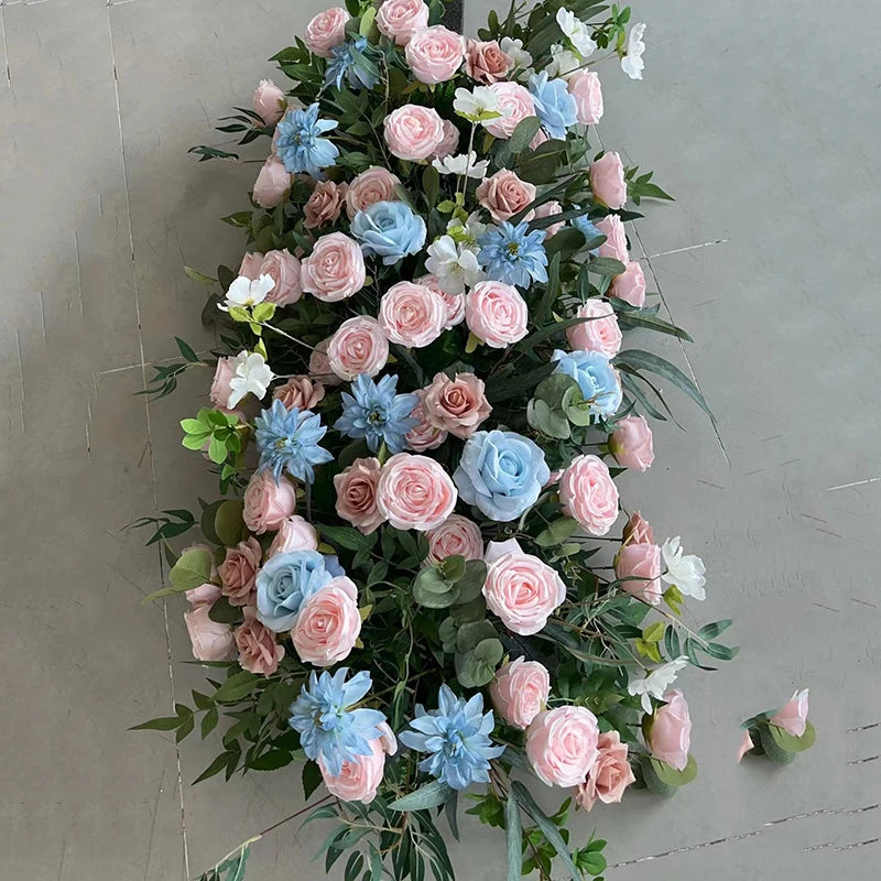 F311 Flower Row Arrangement White Blue Rose Artificial Wedding Decoration Floral Runners Table Centerpiece Flower Runners