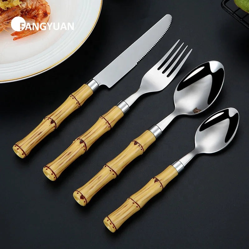 FANGYUAN Silver Stainless Steel Gold Cutlery Set With Bamboo Plastic Handle