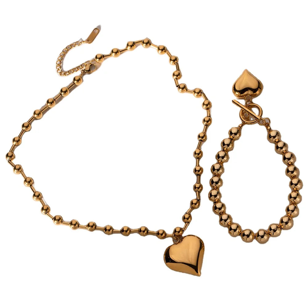 J&D 18K Gold Plated Stainless Steel Bead Chain OT Buckle Chunky Heart Pendant Bracelet Necklace for Women