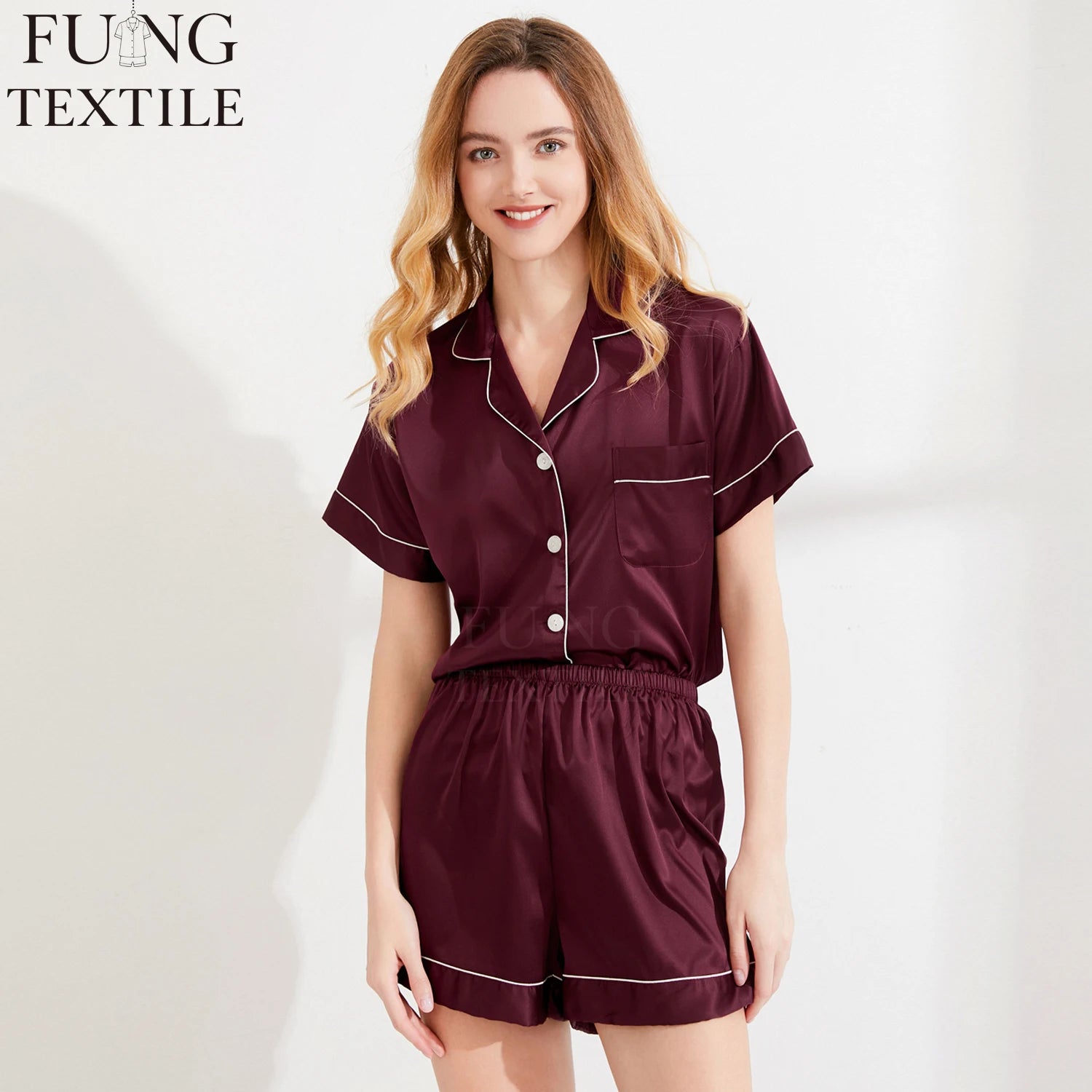 FUNG 3034 Two Piece Set Satin Pijama Solid Summer Nightwear Pyjama Plus Size Women's Sleepwear Short Knee Thermal Breathable