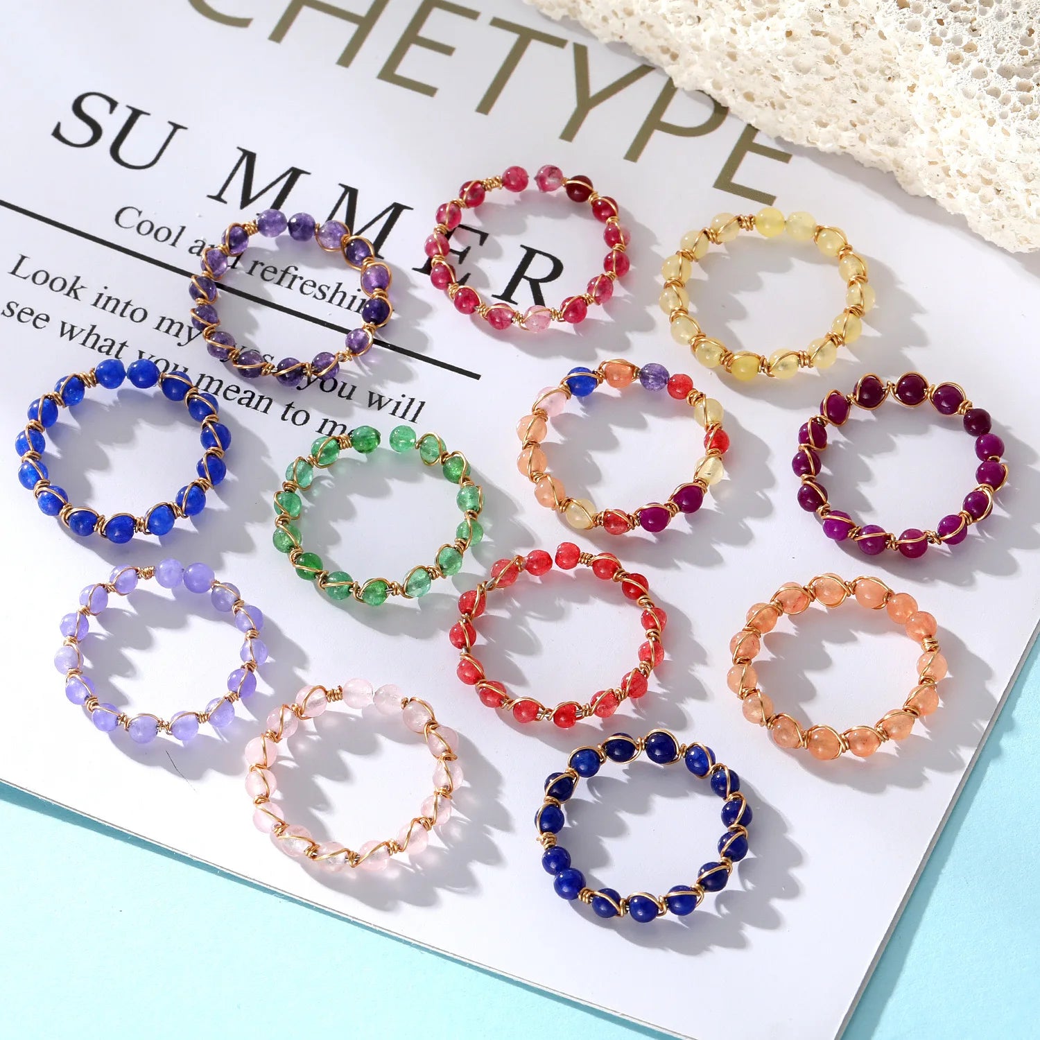 Natural Crystal Stone Beaded Ring Gemstone Bead Ring for Women Girls