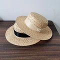 Spring Summer New Fashion Elegant Women Boater Flat Top Hat Ribbon Outdoor Travel Sunscreen Luxury Hand Woven Straw Hat