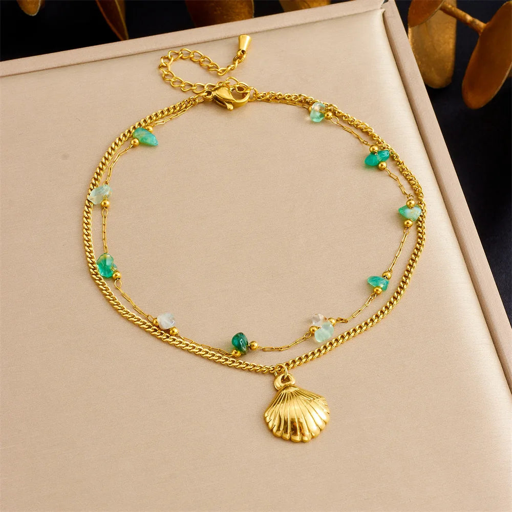 Stainless Steel Non Tarnish Double Layer Chain Beach Anklet 18k Gold Plated Natural Stone Shell Charm Anklet for Women