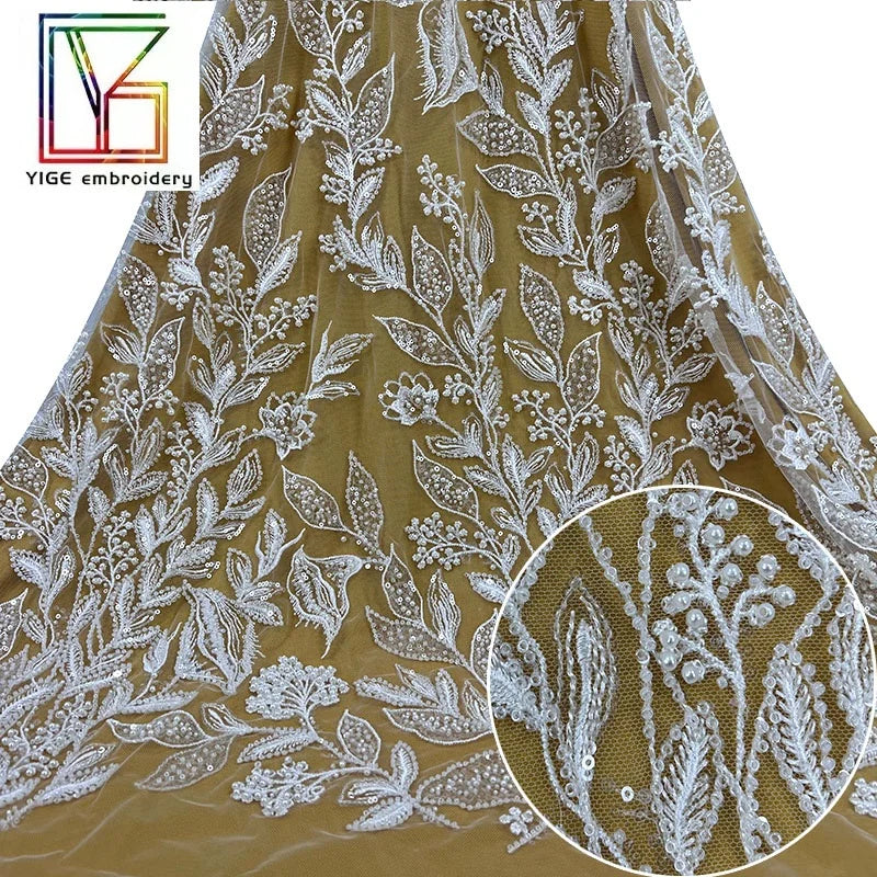 New Luxury African French Sequin Pearl Embroidery Tulle Lace White Handmade Beaded Bridal Voile Lace Fabric
