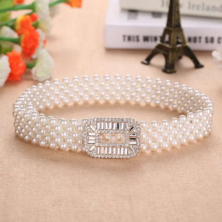 Elegant Women Pearl Waist Belt Pearl Buckle Belt Luxury Brand Female Girls Dress Crystal Strap Pearl Belt