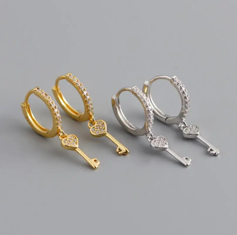 Trendy Girls Statement Earrings Sterling Silver Jewelry Modern Gold Huggie CZ Dangle Charm Key Earrings
