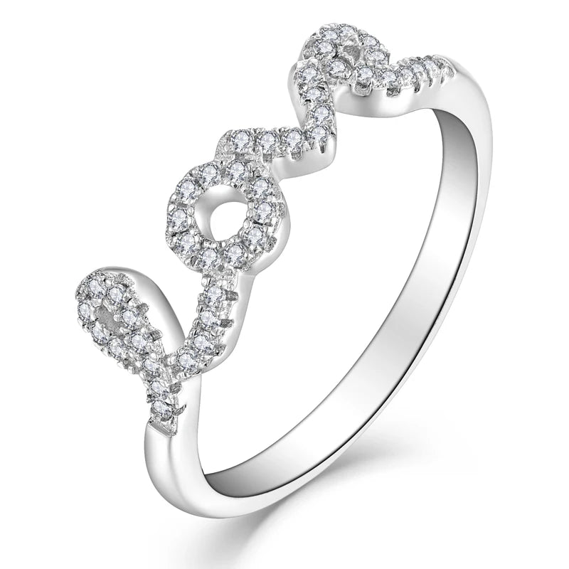 Hypoallergenic LOVE Letter Design Ring Rhodium Plated Cubic Zirconia Stones 925 Sterling Silver Love Rings for Women