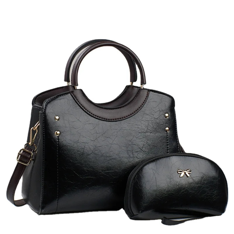 2026 New Year Versatile Retro Handbag Set for Middle-Aged Moms Large Capacity Casual Tote Zipper Closure Rivet Simple Elegant