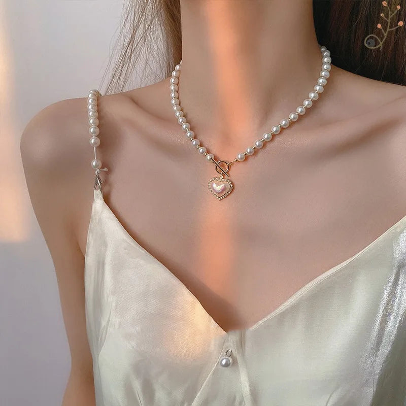 Korean Pearl Necklace Heart Ot Clasp Pendant Pearl Necklace for Women