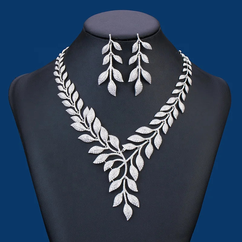 Romantic Luxury Zirconia Leaf Flower Necklace Earrings Set Stunning Jewelry for Women's Wedding Bridal Party Anniversary
