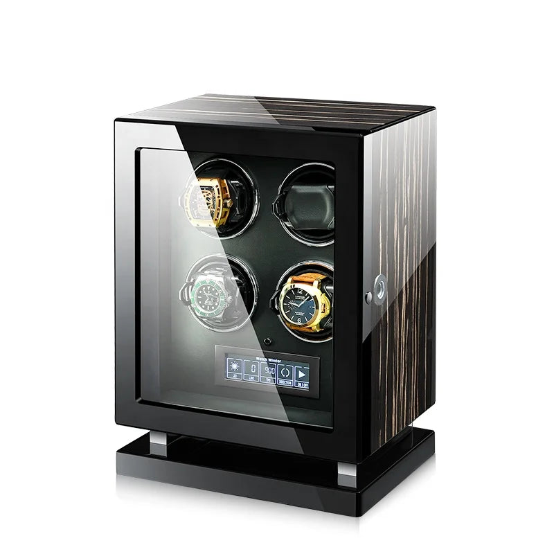 MINEESI Luxury 4-Slot Automatic Watch Winder Wood Mechanical Design Fingerprint Touch Screen Control Protective Interior