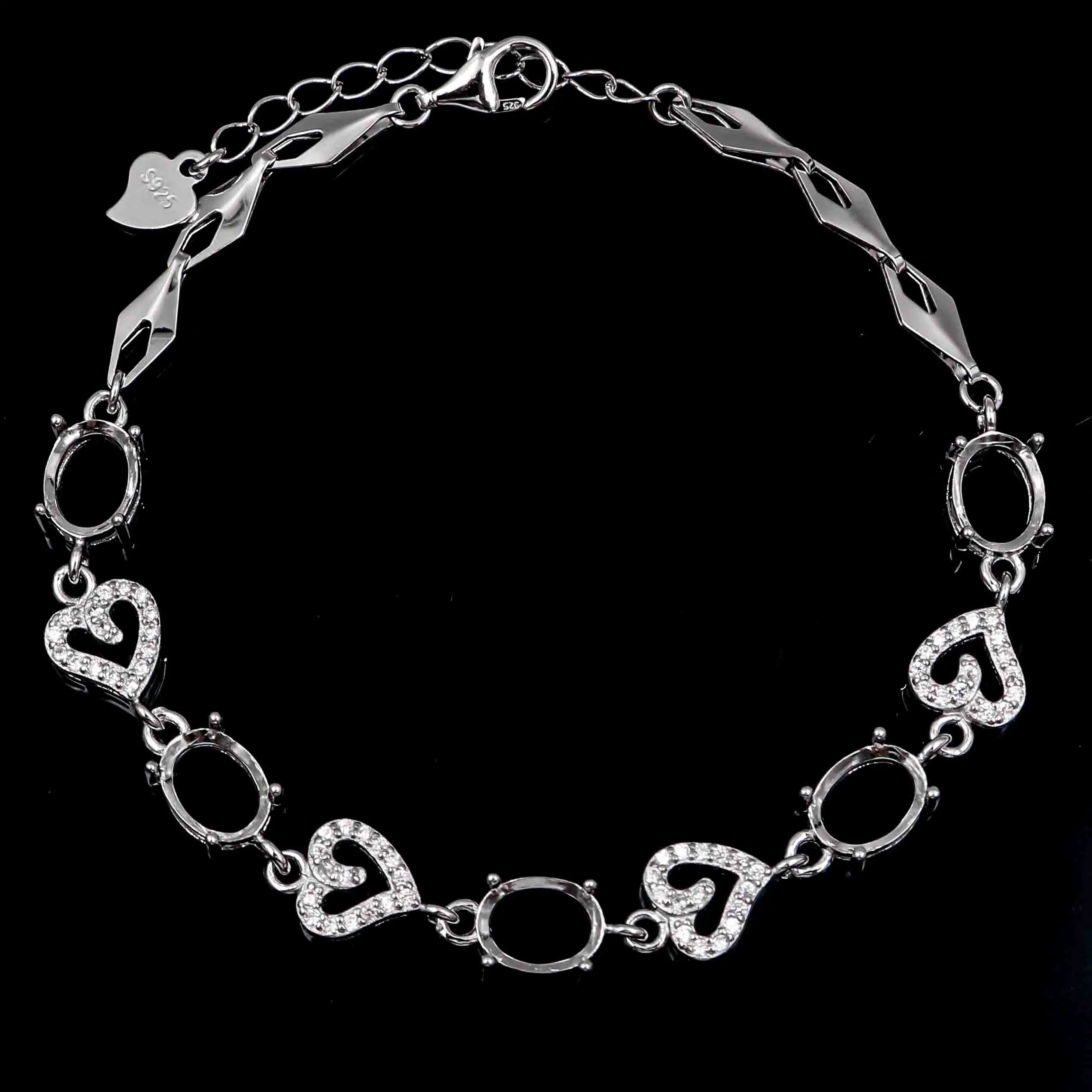 Sterling Silver 6*8mm Semi Mount Bracelet Empty Support Blank Claws Setting S925 Base Holder Without Center Stone Inlay for DIY