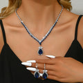 New European American Style Wedding Set for Women Sapphire Blue Zircon Necklace Water Drop Pendant Brass Earrings Fashionable