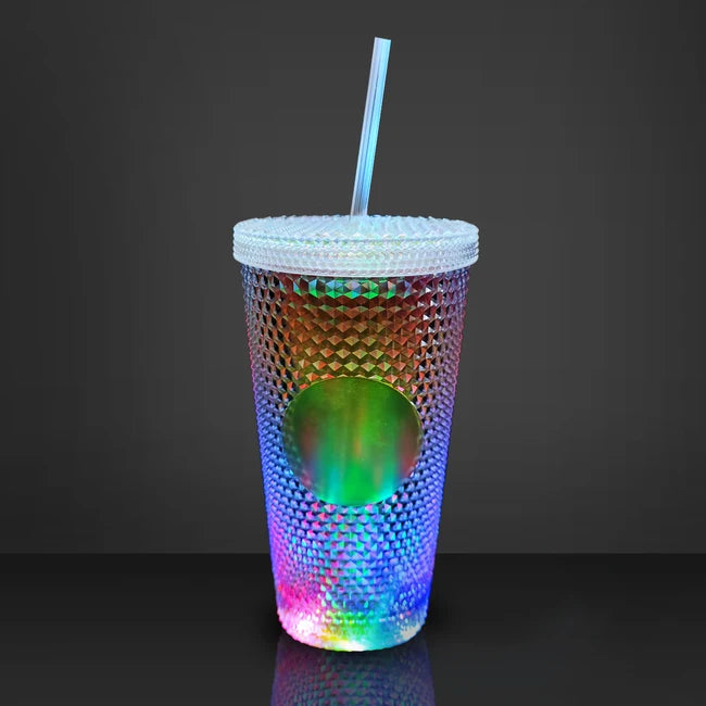 Eco-Friendly Rainbow Color 16oz LED Crystal Double Wall Cup with Lids Straw for Travel Party Home Office Box PS Durian Tumbler
