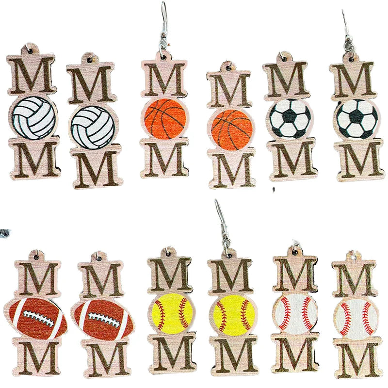 Wholesale Bohemia Anniversary Ball Sports Baseball Softball Basketball Geometric Drop Wooden Mama Minimalist Earrings Women