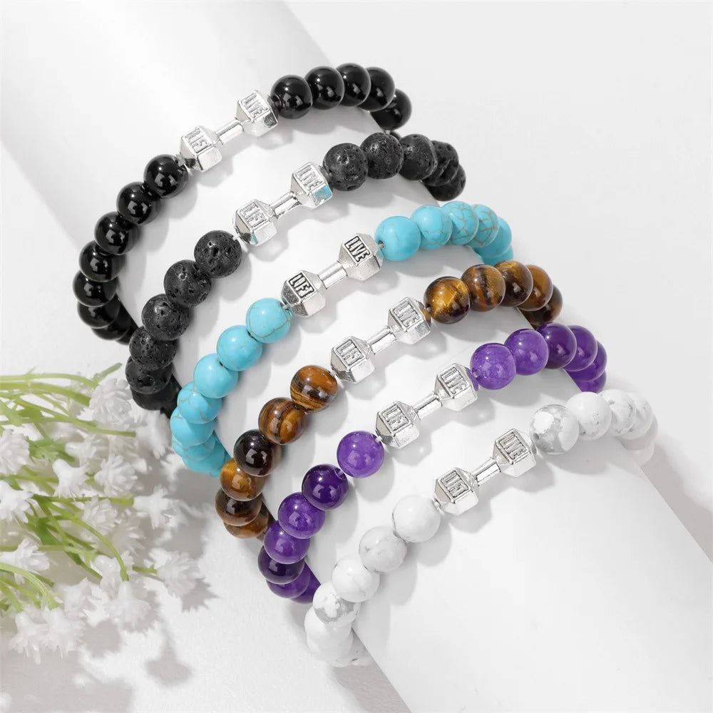 Manufacturer Stretchy Elastic Band Dumbbell Charm Bead Bracelet Live Love Lift Jewelry Fitness Natural Stone Beaded Gym Bracelet