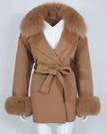 OFTBUY 2023 Winter Women's Long Wool Cashmere Coat Suit with Detachable Real Fox Fur Collar Cuffs Belt Overcoat