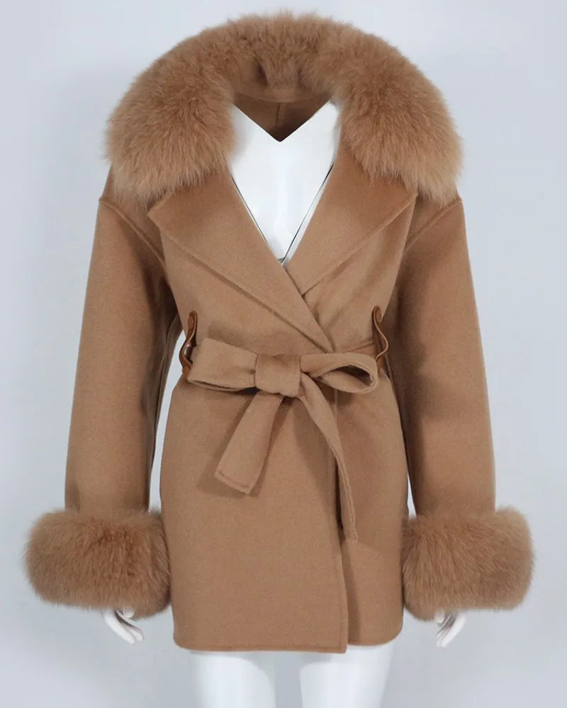 OFTBUY 2023 Winter Women's Long Wool Cashmere Coat Suit with Detachable Real Fox Fur Collar Cuffs Belt Overcoat