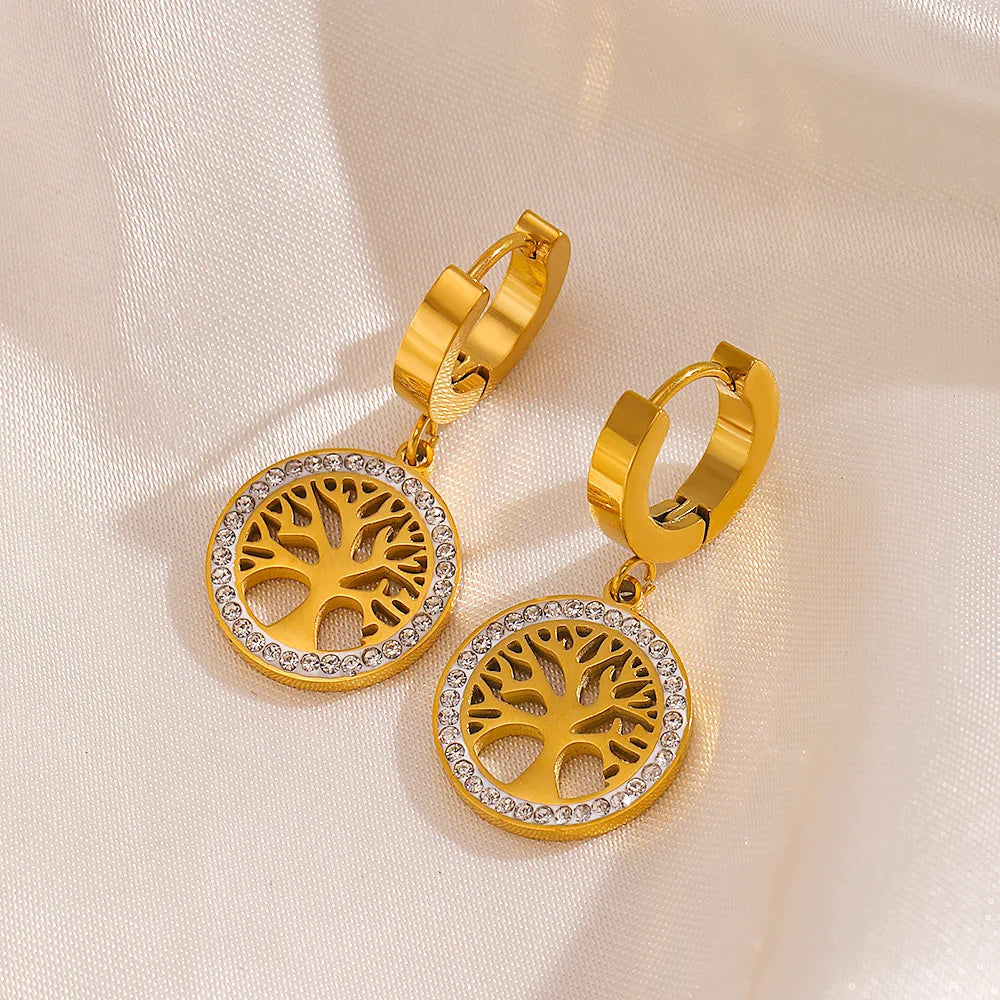 Fashion Gold Plated Cubic Zirconia CZ Life Tree Hoop Earrings Waterproof Stainless Steel Tree of Life Huggie Earrings