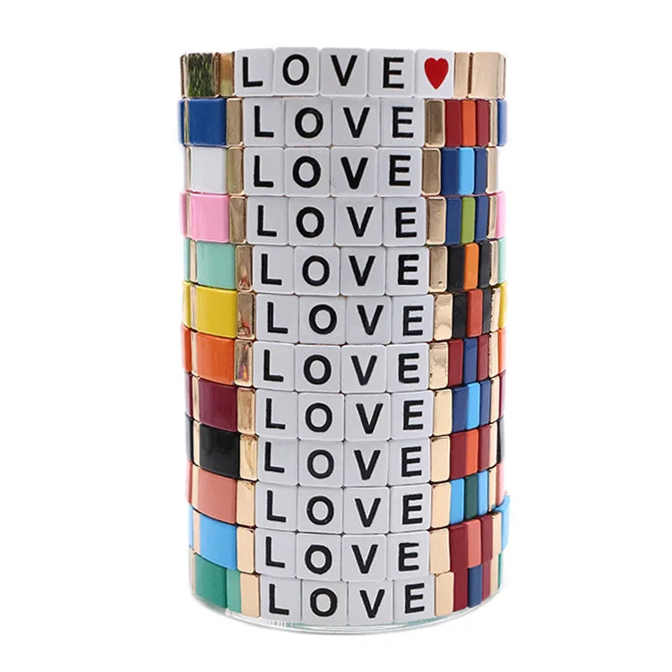 DY Fashion Jewelry Enamel Colorful Block Alloy Tile Beaded Elastic Bracelets Letter Bracelet