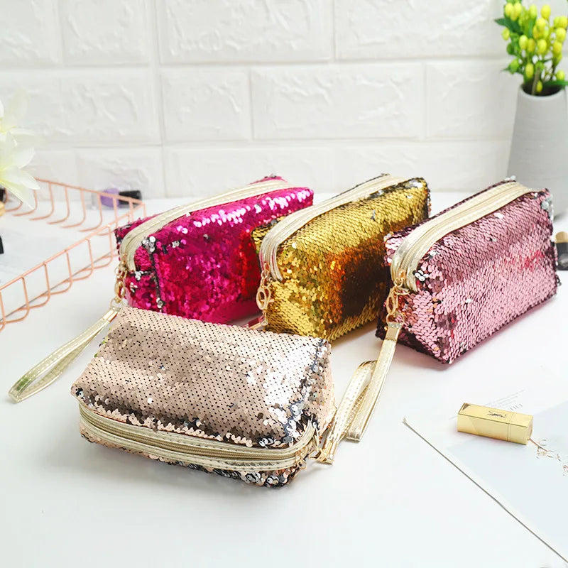 Portable Sequin Makeup Bag Travel Makeup Cosmetic Bag Pink Zipper Pouch Zipper Case Customized Sequin Makeup Bag