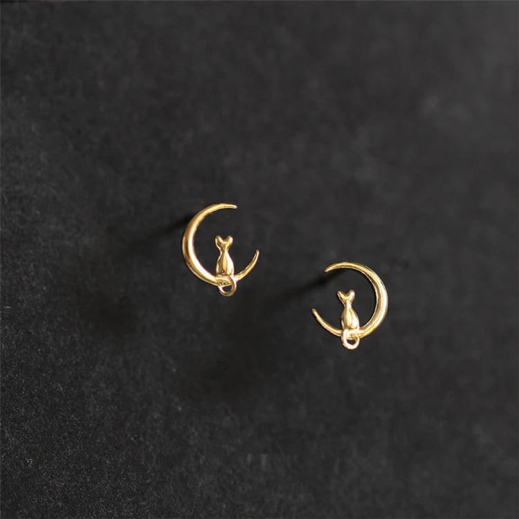 14K Gold Plating Simple Trendy Design Moon and cat Earrings