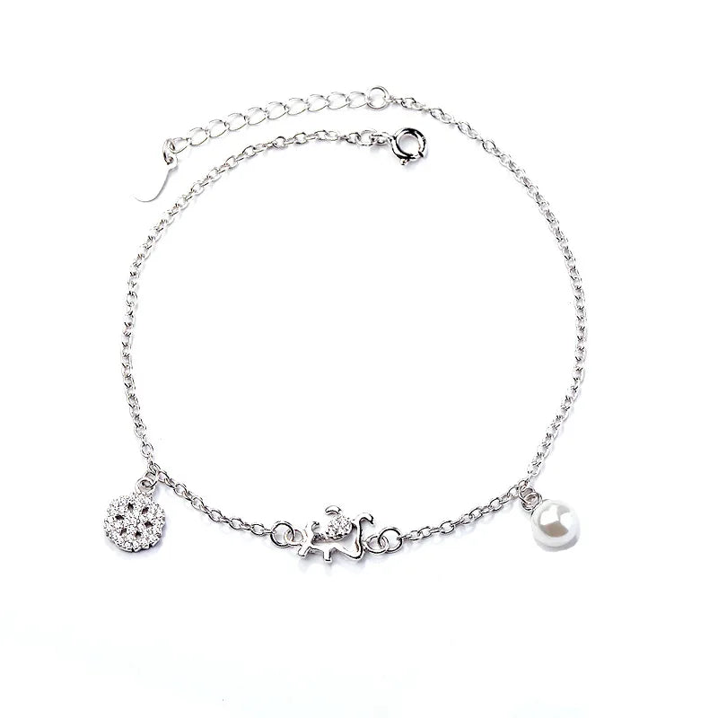 Little Dog Anklets Foot Jewelry Cubic Zircon with Pearl 925 Sterling Silver Anklets for Women Jewelry Fashion Foot Anklet