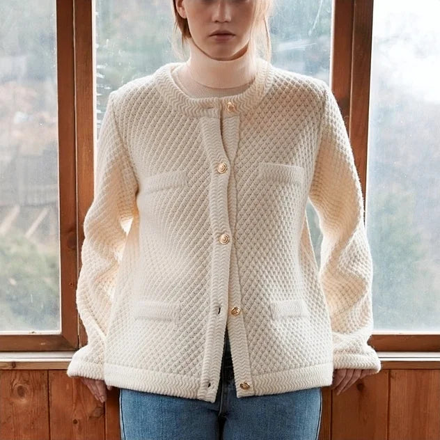 Knitwear Manufacturer Custom Tweed Cardigan Ladies Fashion Button Knit Alpaca Wool Crewneck Cardigan Sweater for Women