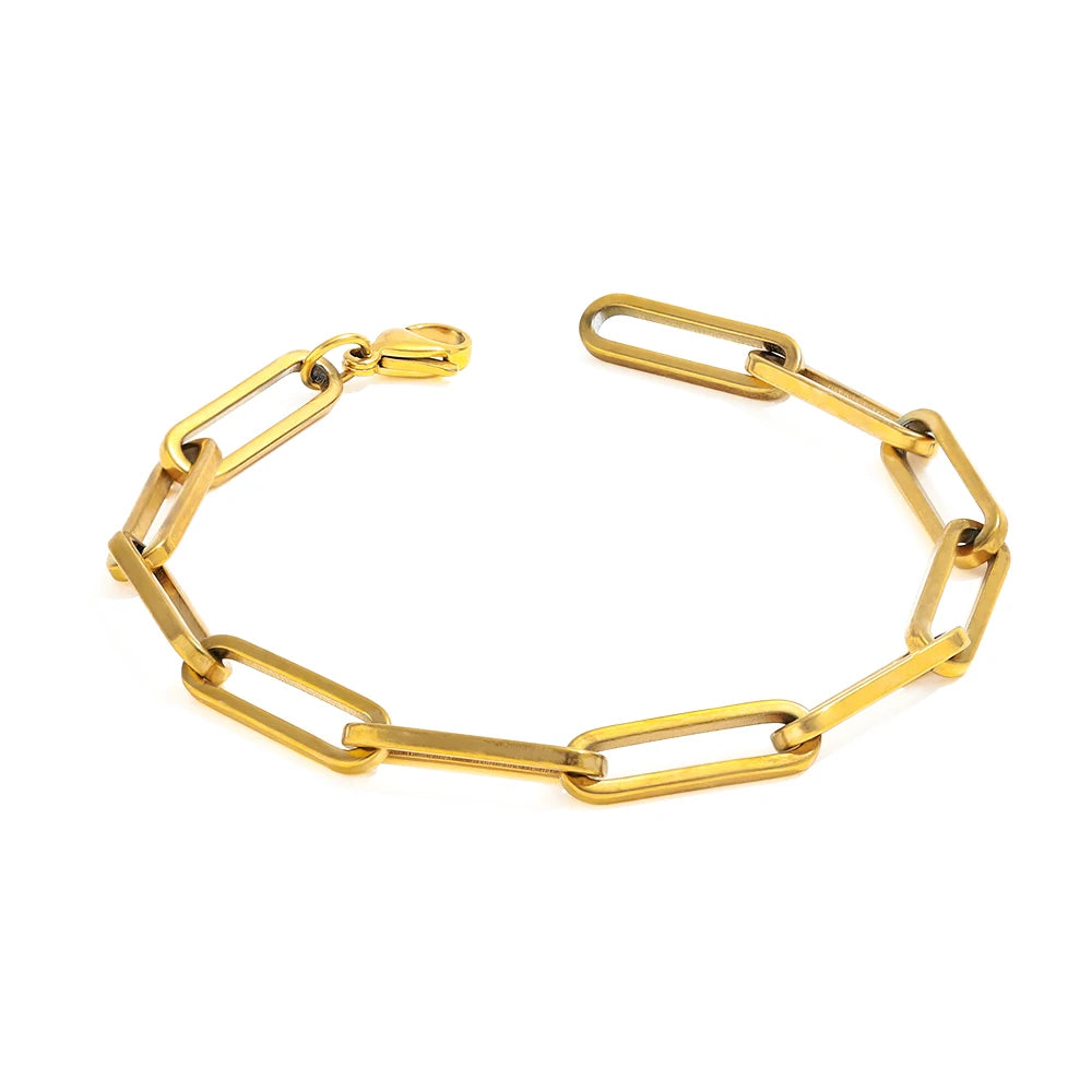 High End Gold Plated Simple Paper Link Chain Clip Stainless Steel  Bracelet for Women Wholesale Jewelry